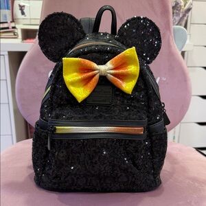 Loungefly Black Sequin Backpack with Yellow and Orange Bow